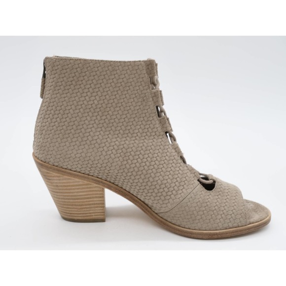 Eileen Fisher Booties Womens 8.5 Beige Suede Lace Up Peep Toe Cuban Ankle Boot - Picture 3 of 11